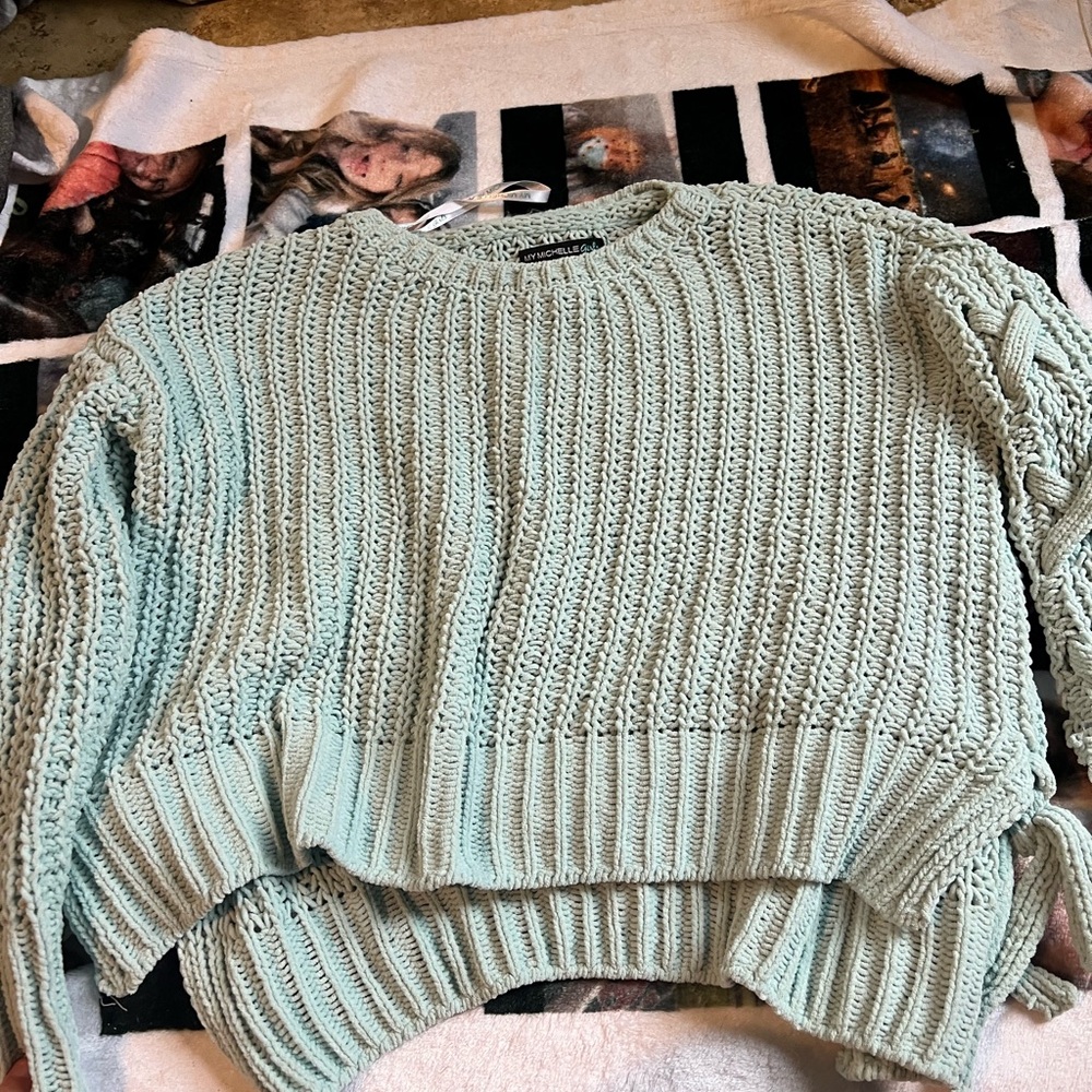 My Michelle Green Crew Neck Sweater Chunky Knit